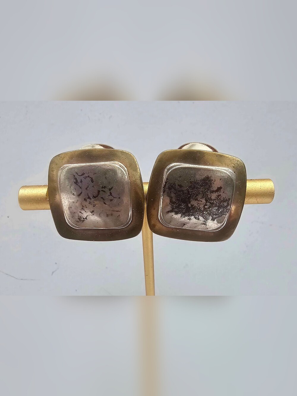 Marjorie Baet SF Vintage Two-Tone Square Clip-On Earrings - Brass & Silver-Tone